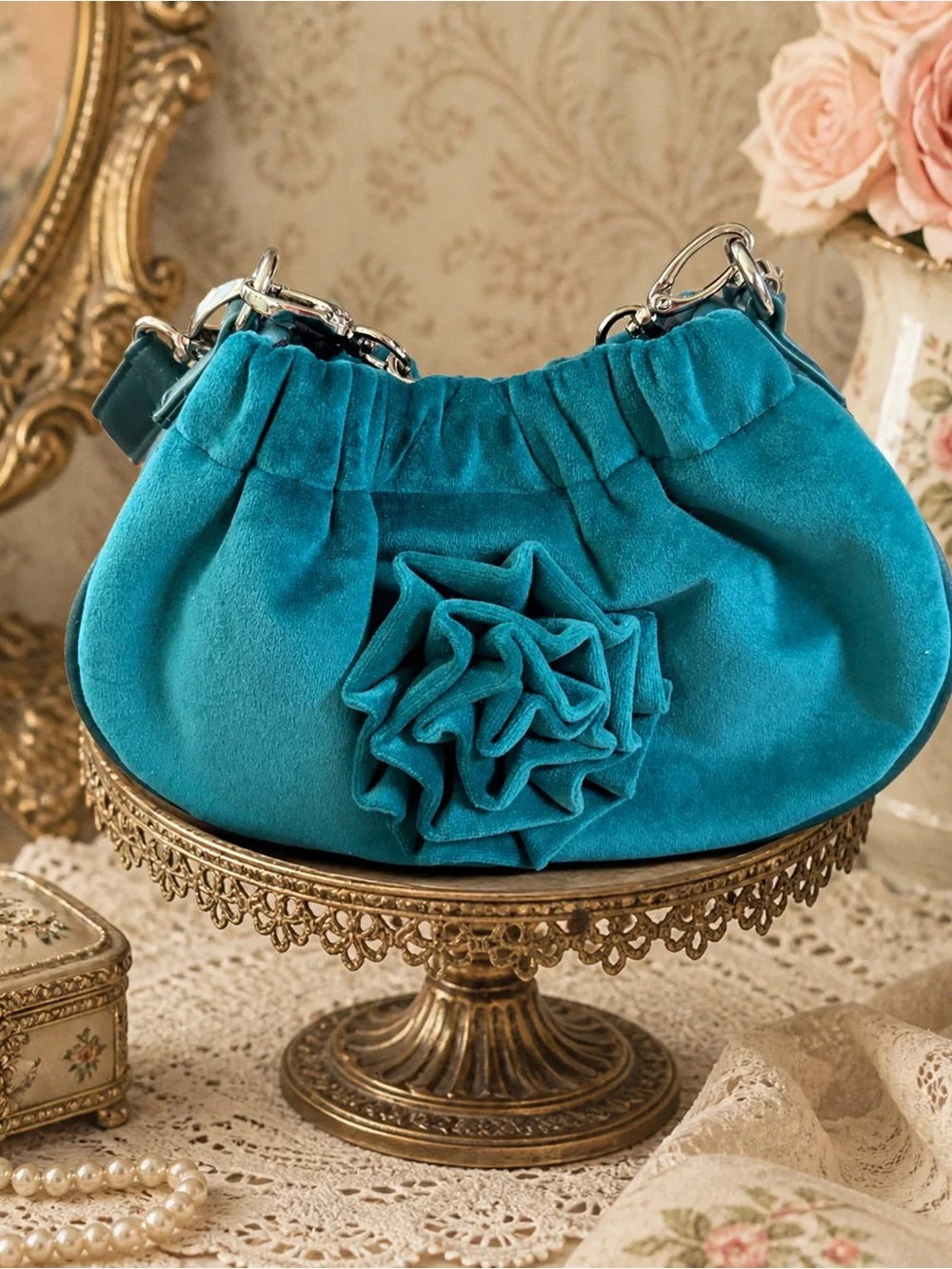 NWT Betsy Johnson Teal Suede Flower Accent Shoulder Bag - Women's Handbag